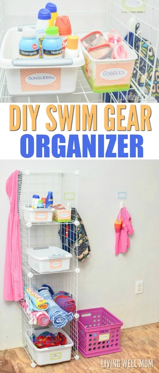 Say good-bye to piles of wet towels and swimsuits this year with this simple DIY swim gear organizer for kids! This handy easy-to-make organizer makes it easy to keep everything in one place, from sunscreen and swim diapers to beach towels and swimsuits. Get the how-to here: