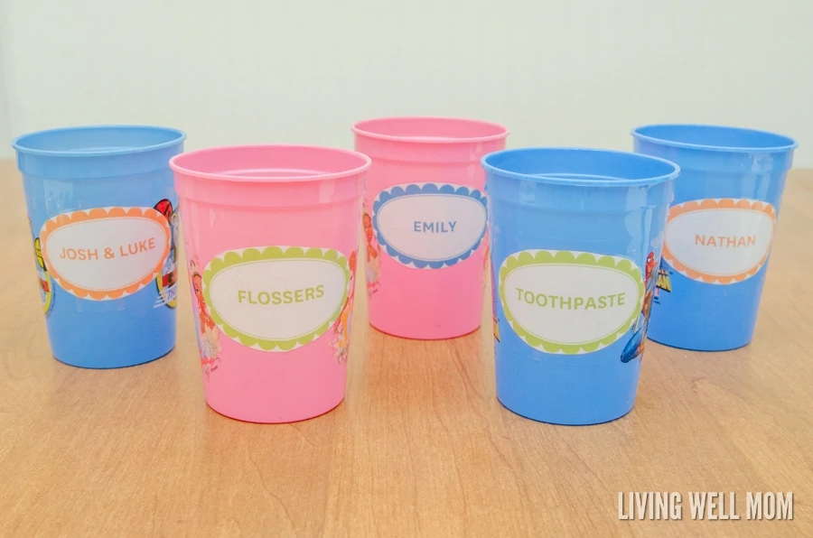 labeled cups for DIY toothbrush holder idea