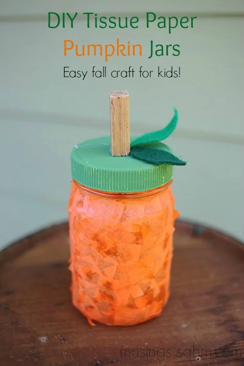 DIY Tissue Paper Pumpkin Jars - a fun, easy fall craft for kids using mason jars #crafts #pumpkins