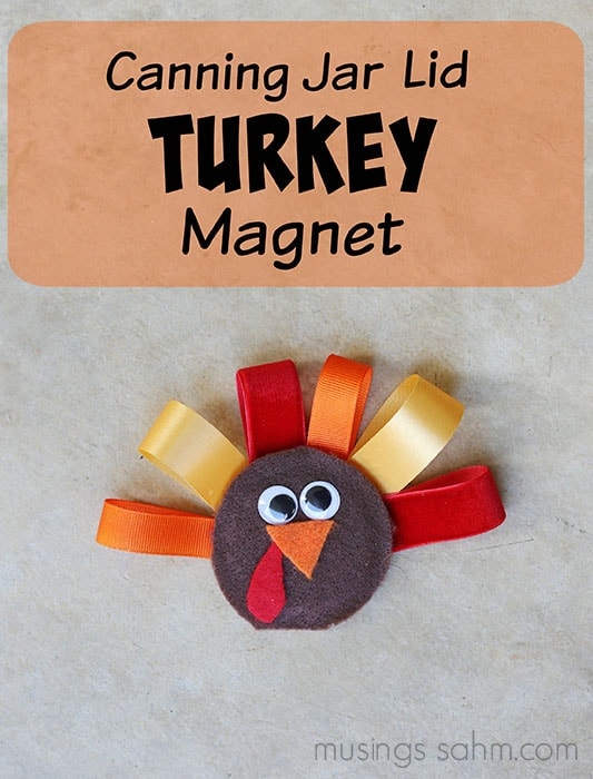 This adorable Canning Jar Lid Turkey Magnet is a fun easy Thanksgiving craft for kids that they'll love putting together and you'll love displaying! They also make great gifts!