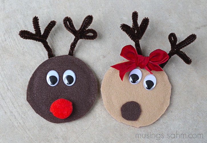 Rudolph and Clarice Reindeer Canning Jar Lid Magnets - a simple, adorable Christmas craft for kids that would also make a great homemade gift
