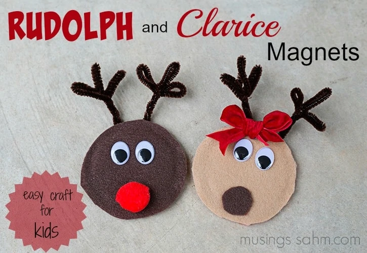 Rudolph and Clarice Reindeer Canning Jar Lid Magnets - a simple, adorable Christmas craft for kids that would also make a great homemade gift