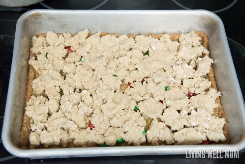 A second layer of dough added to caramel cookie bar recipe.