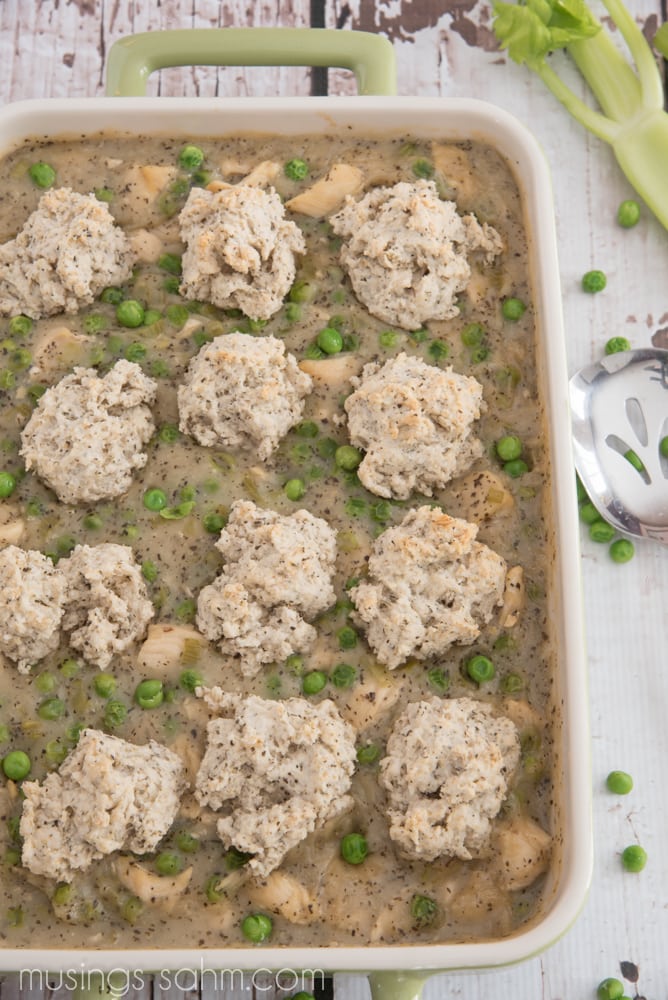 Chicken and Dumplings Casserole: loaded with chicken and veggies in a savory sauce seasoned with basil, the homemade biscuits add the perfect touch to this favorite family meal. 