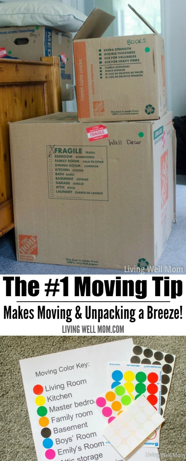 Moving boxes stacked on top of one another, with green stickers, alongside coordinating list of color coded rooms. 