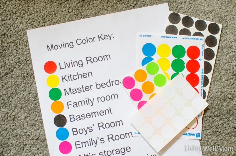 Colored stickers next to each room on a list of rooms in a house, for color coding moving boxes. 