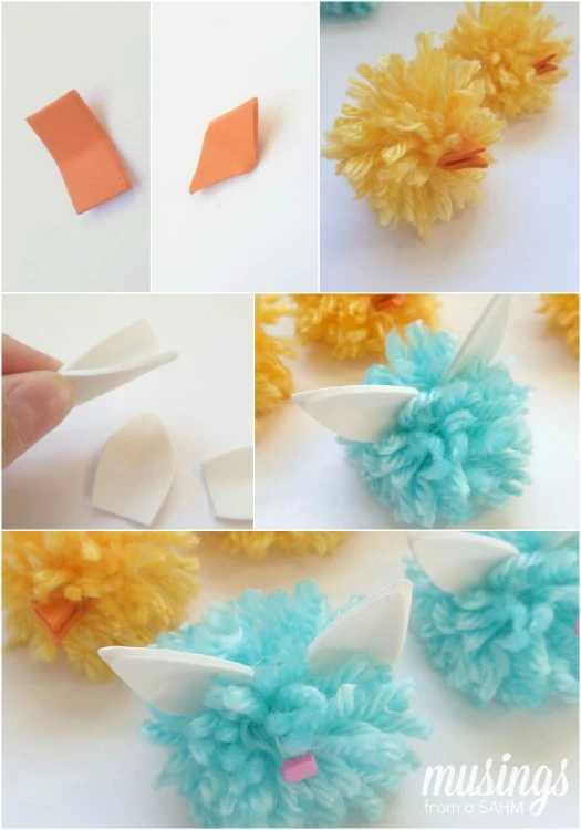 DIY Pom Pom Chicks and Bunnies with an upcycled wipes bin as storage & a fun Tic Tac Toe game board!