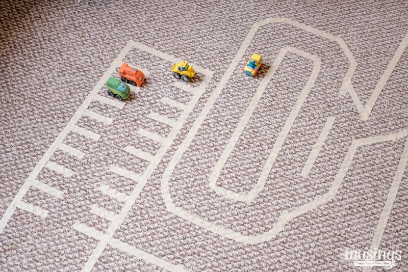 Use colored masking tape to create a road on the floor. Make a carwash from  a cardboard box. Endless play! Great fo…