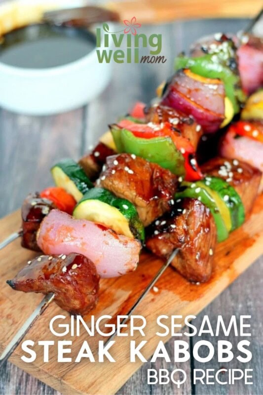 close up of 3 steak and veggie kabobs with ginger sesame sauce.