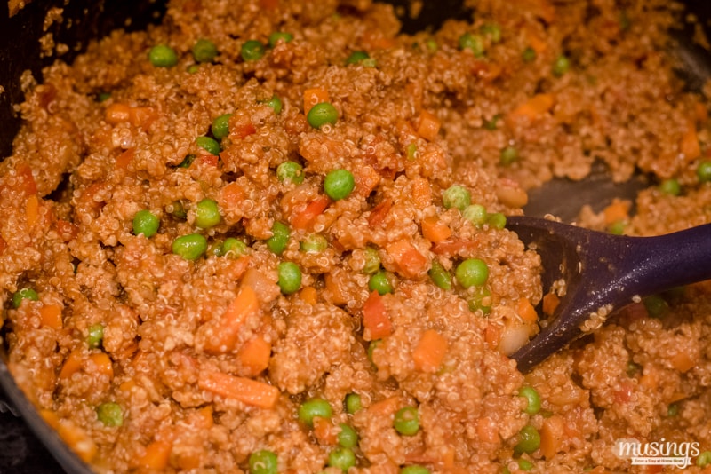 Savory Ground Turkey & Quinoa One Pot Dinner Recipe - This hearty dinner is healthy, gluten free, and loaded with vegetables and savory seasoning with a light tomato sauce.