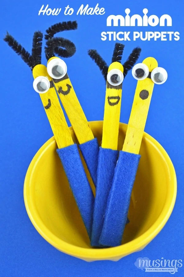 If your family is a fan of the Minions, you'll love learning how to make stick puppets because these are extra special - they're MINION stick puppets! This easy to make craft is a great rainy day activity for kids because they're so fun to play with and they make great bookmarks too! 