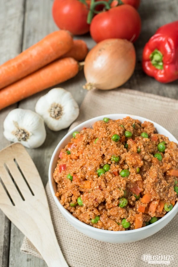 Savory Ground Turkey & Quinoa One Pot Dinner Recipe - This hearty dinner is healthy, gluten free, and loaded with vegetables and savory seasoning with a light tomato sauce.