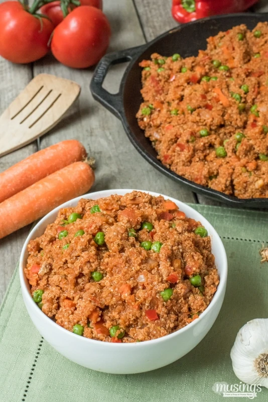 Savory Ground Turkey & Quinoa One Pot Dinner Recipe - This hearty dinner is healthy, gluten free, and loaded with vegetables and savory seasoning with a light tomato sauce.