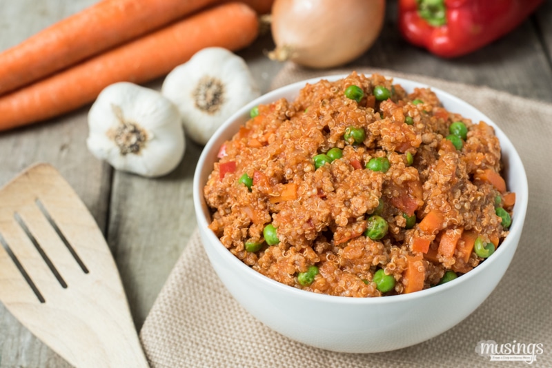 Savory Ground Turkey & Quinoa One Pot Dinner Recipe - This hearty dinner is healthy, gluten free, and loaded with vegetables and savory seasoning with a light tomato sauce.