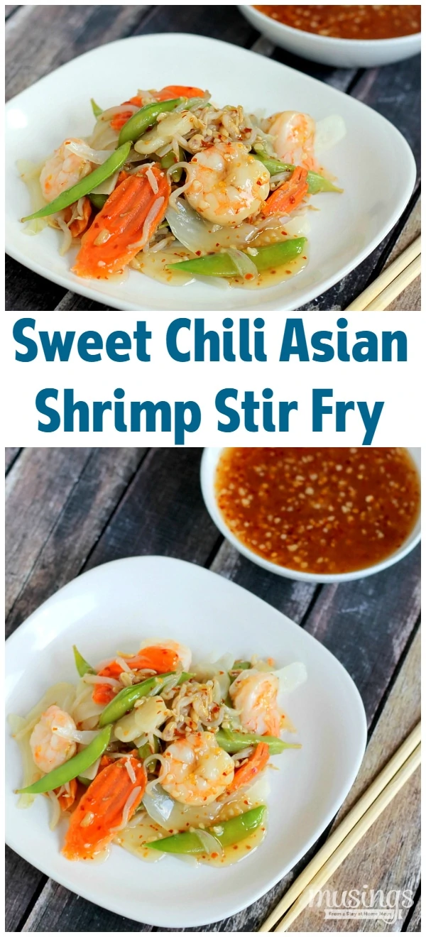 Treat yourself to this tasty Sweet Chili Asian Shrimp Stir Fry recipe for a quick and easy, healthy dinner. You'll love the flavorful honey sauce (there's no sugar!) combined with vegetables and shrimp. Yum!