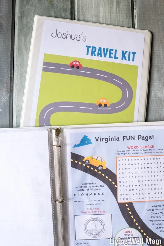 joshuas travel kit cover page and virginia themed word search