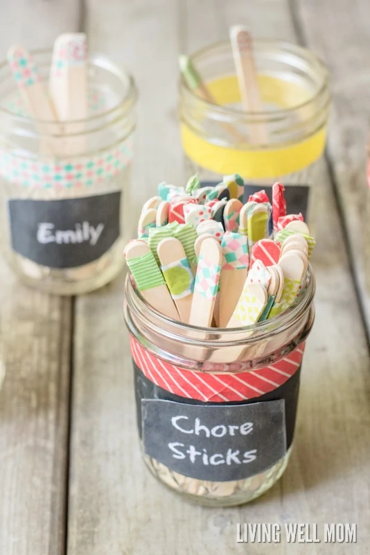 jar of chore sticks personalized with colored tape