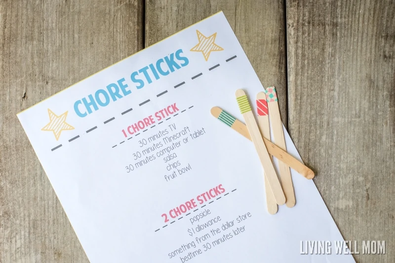 printed list of chores that can be done to earn chore sticks
