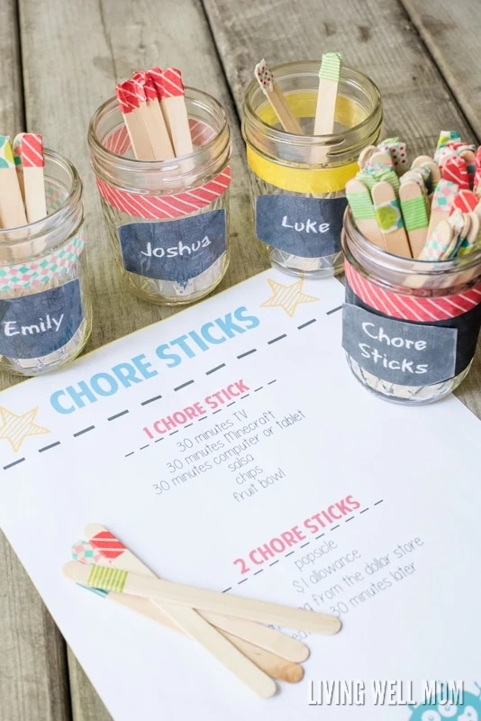 chore sticks for kids list with mason jars and washi tape wrapped popsicle sticks