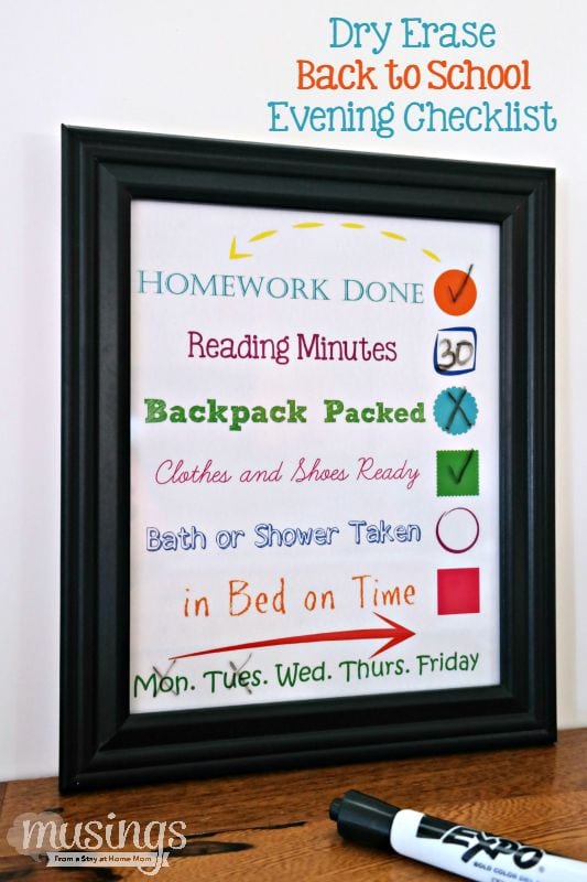 This Dry Erase Back to School Evening Checklist will make your family's transition back to the school season smoother. It's easy to make (grab your free printable checklist today!) and kids will love checking things off!