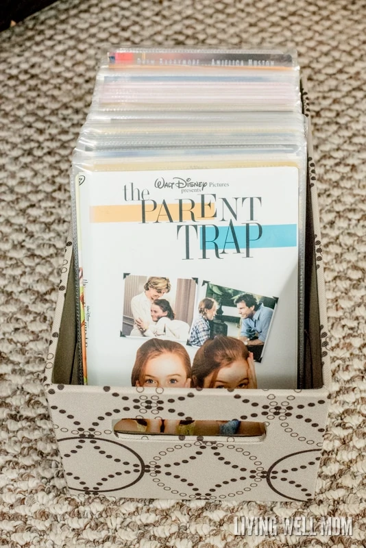 DVDs stored inside plastic sleeves in a bin