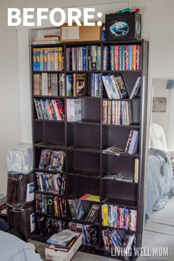 messy DVD storage shelves with lots of movies