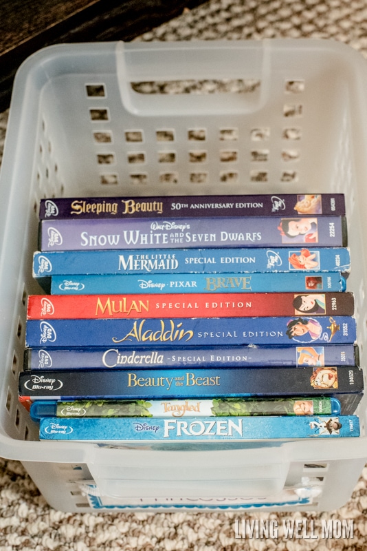 Disney movies organized in a plastic container