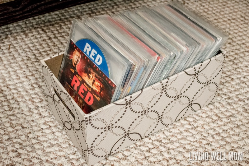 DVD sleeves stored in a bin