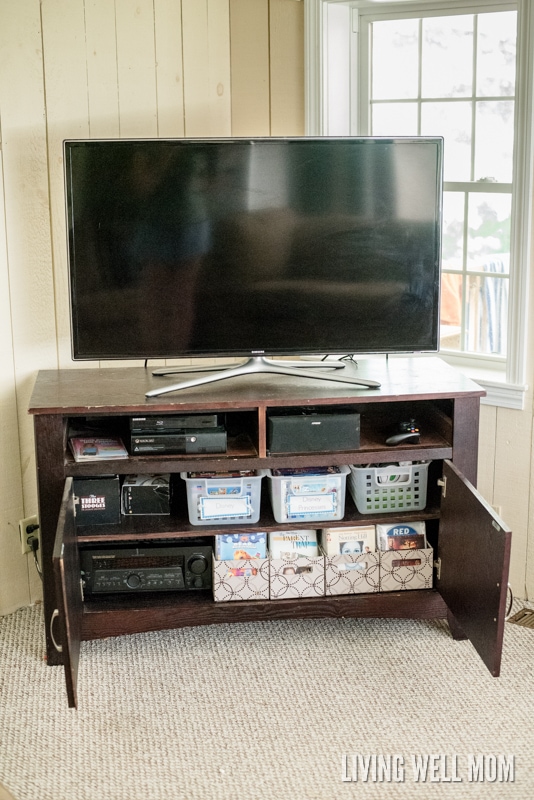 DVD storage in sleeves and bins inside TV cabinet in living room