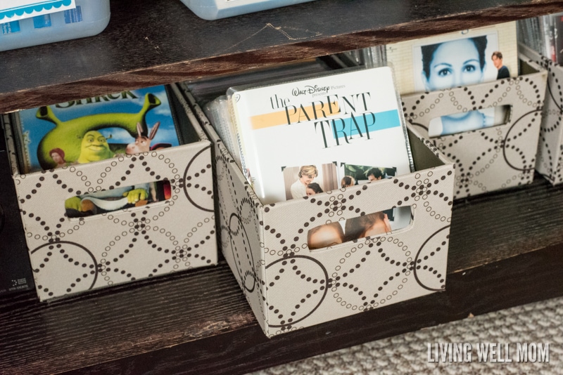 DVDs organized into sleeves and containers on a shelf