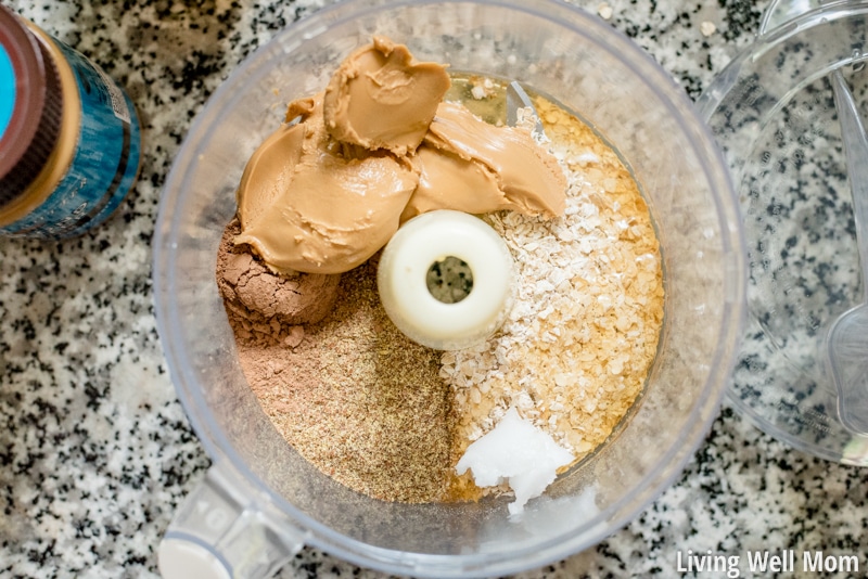 Almond butter, oats, cacao powder, flax seed, honey, coconut oil and vanilla in a food processor. 