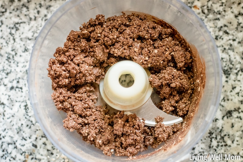 mixing chocolate protein balls in a food processor