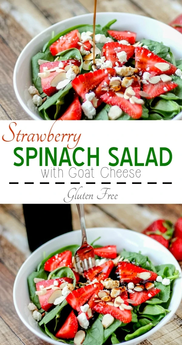 This easy recipe for Strawberry Spinach Salad with Goat Cheese is a delicious way to add more greens to your diet, plus it has protein and is gluten free! 