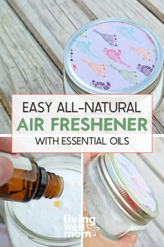 collage of photos showing the homemade air freshener using baking soda and essential oils