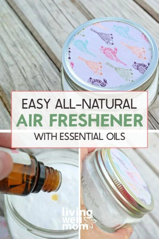 collage of photos showing the homemade air freshener using baking soda and essential oils
