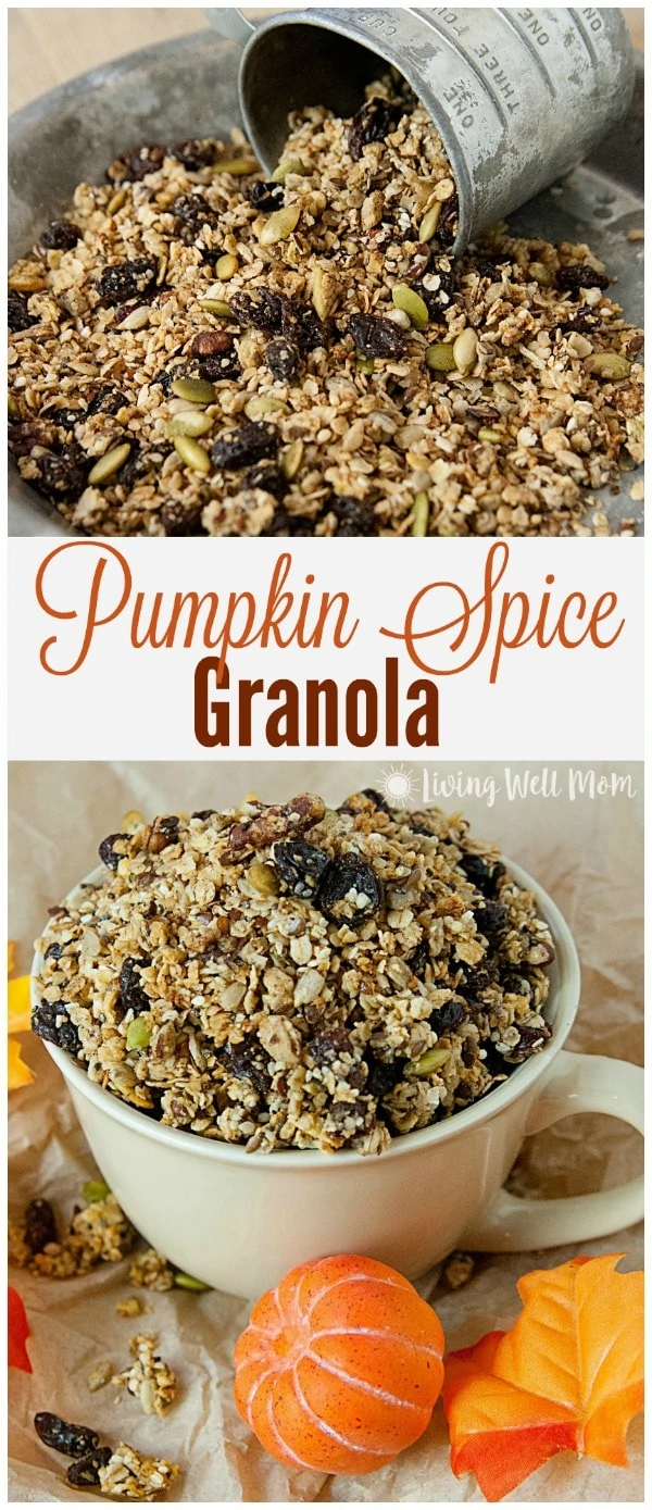 With oats, nuts, dried fruit, maple syrup, pumpkin pie spice, pumpkin, and more, this gluten free Pumpkin Spice Granola is a deliciously filling snack the whole family will love. Plus it takes less than 30 minutes to make!