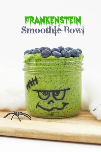 frankenstein green smoothie bowl with blueberries