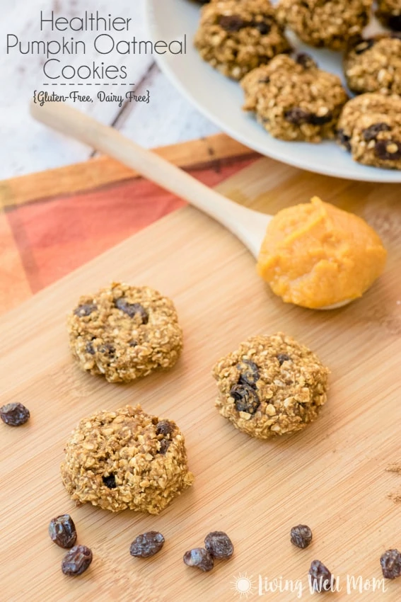 Healthy Pumpkin Oatmeal Cookies are just as tasty as the traditional version, but have less sugar and are gluten free and dairy free. This kid and adult-approved recipe is so quick and easy to make, the kids will love helping!