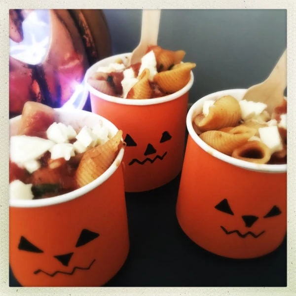 halloween pasta in jack o lantern cups