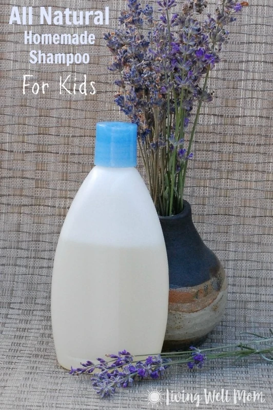 homemade shampoo for kids in plastic container with vase of lavender