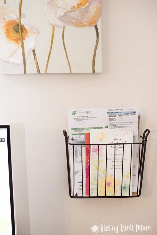 magazine wire rack mounted on the wall for organization