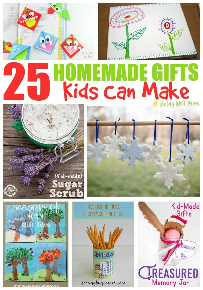 From glitter salt dough snowflakes, friendship bracelets, fingerprint frames, and even fizzy bath bombs, here's inspiration for 25 different homemade gifts kids can make. 