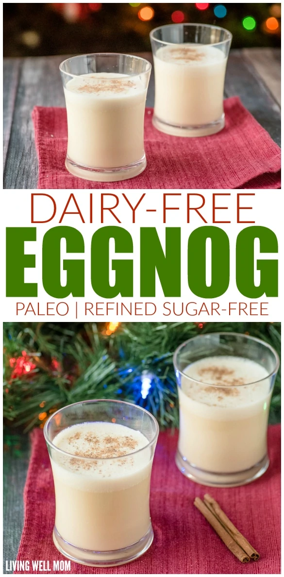 This Dairy Free Eggnog recipe is deliciously creamy and even with no refined sugar, it tastes so much better than store bought eggnog! With almond and coconut milk, this is as fresh and homemade as it gets! (Paleo friendly too)