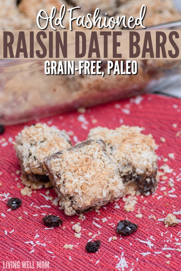 Old Fashioned Raisin Date Bars made Paleo style! This family favorite classic recipe is oh-so-good with a chewy date center and coconut flake almond flour crust and topping. You’ll never guess it’s grain free, dairy free, and refined sugar free!