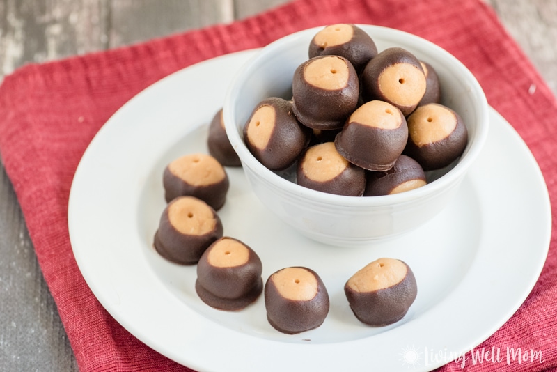 vegan buckeyes in a bowl and on a plate 