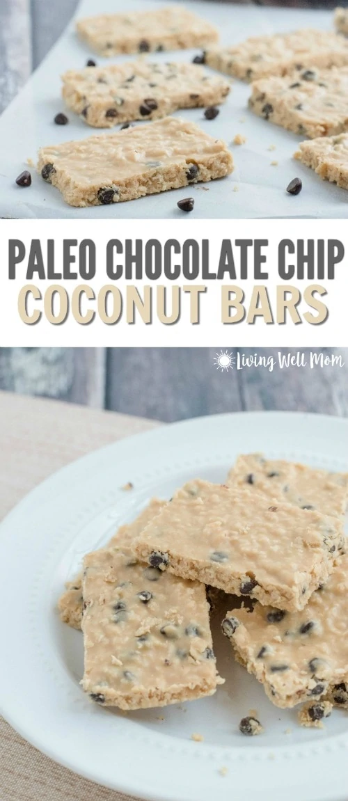 Chocolate Chip Coconut Bars are melt-in-your-mouth tasty and won't last long! It's a good thing it takes just 5 minutes to whip up a batch! With just 6 simple ingredients, this no-bake recipe is Paleo, Gluten-Free, Grain-Free, and Refined-Sugar Free.