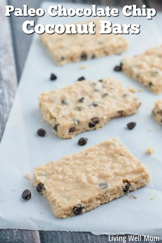 Chocolate Chip Coconut Bars are melt-in-your-mouth tasty and won't last long! It's a good thing it takes just 5 minutes to whip up a batch! With just 6 simple ingredients, this no-bake recipe is Paleo, Gluten-Free, Grain-Free, and Refined-Sugar Free.