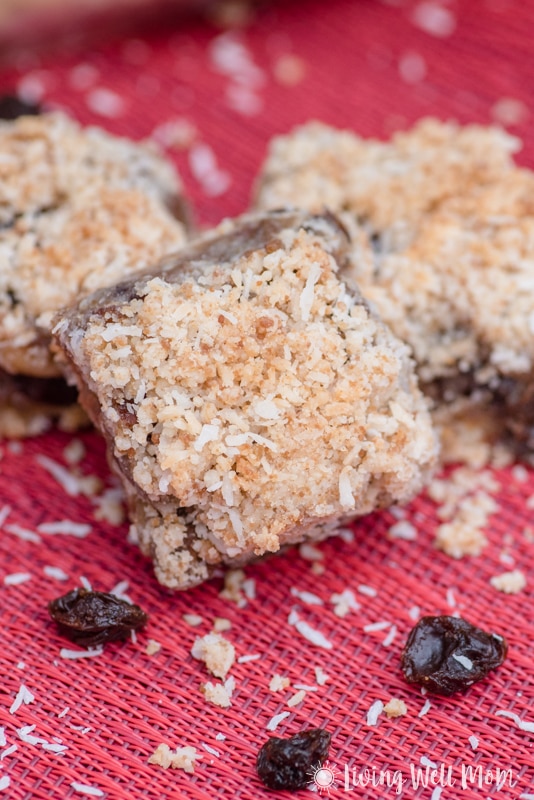 Old Fashioned Raisin Date Bars made Paleo style! This remade family favorite classic recipe is oh-so-good with a chewy date center and coconut flake almond flour crust and topping. You’ll never guess it’s grain free, dairy free, and refined sugar free!