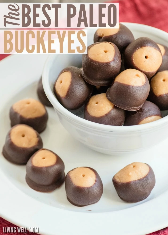 Paleo buckeyes in a bowl and on a plate