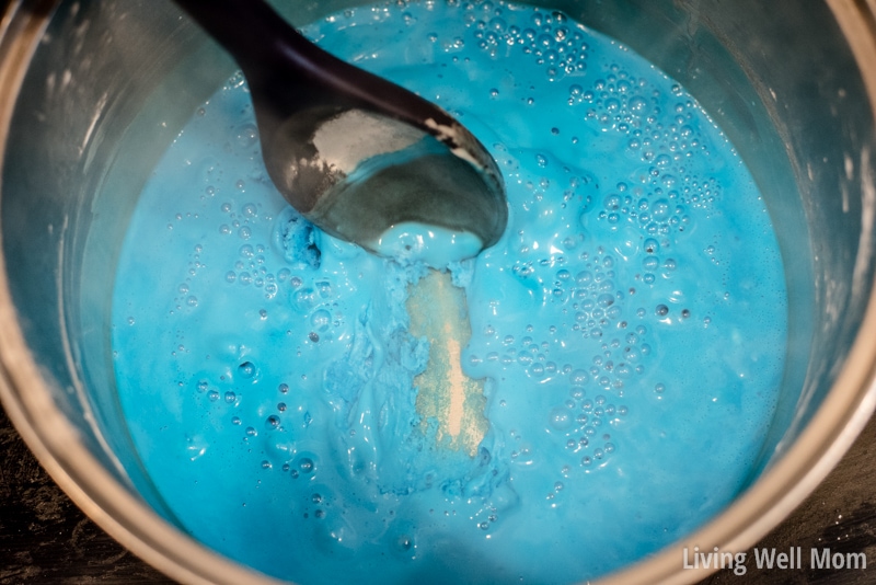 Blue coloring, cornstarch, baking soda and water mixture in a sauce pan